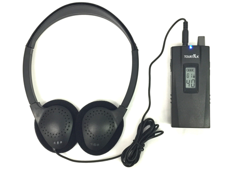 Tour guide system receiver with headphones