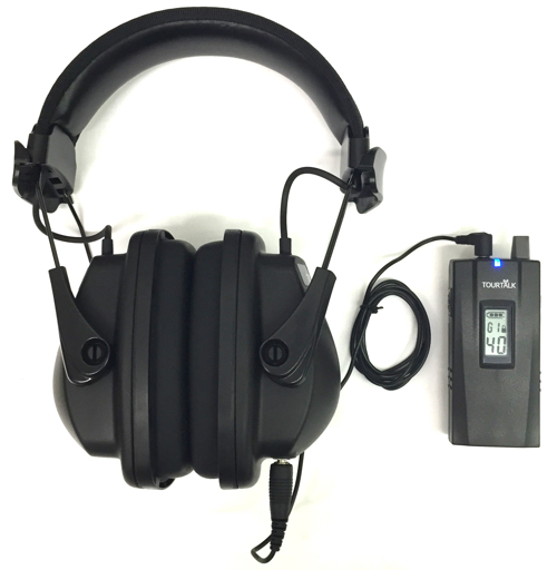 Tour guide system receiver with noise reduction headphones