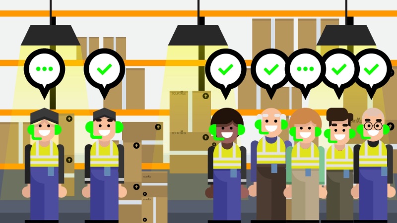 Tour guides with visitors on a factory tour using a tour guide system